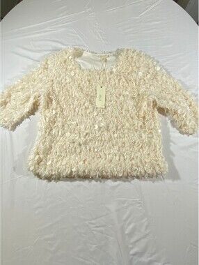 Greige Womens L Ivory Sequin Eyelash Cardigan Sweater Open Front NWT Holiday
